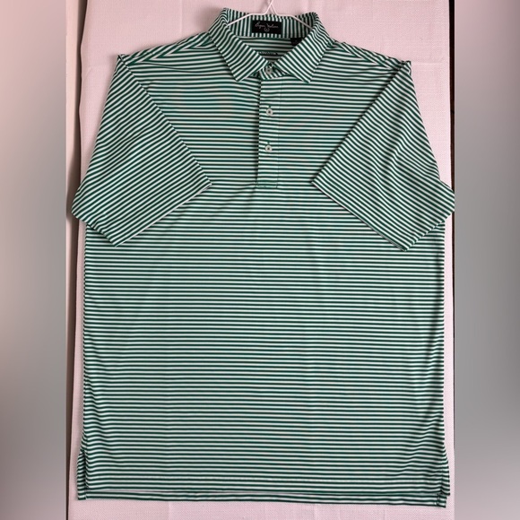 Byron Nelson DriWay Golf Shirt Green White Stripes Medium Performance Polo - Picture 10 of 12